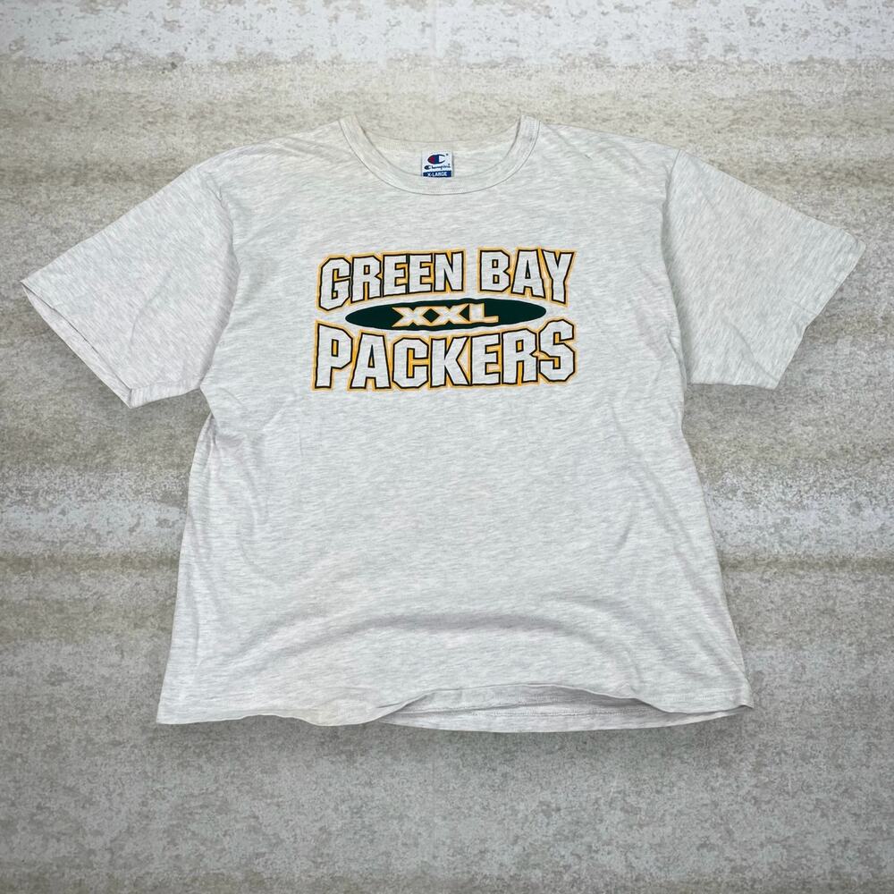 Vintage 90s Champion Packers Shirt Mens XL Light Grey Cotton Short Sleeve